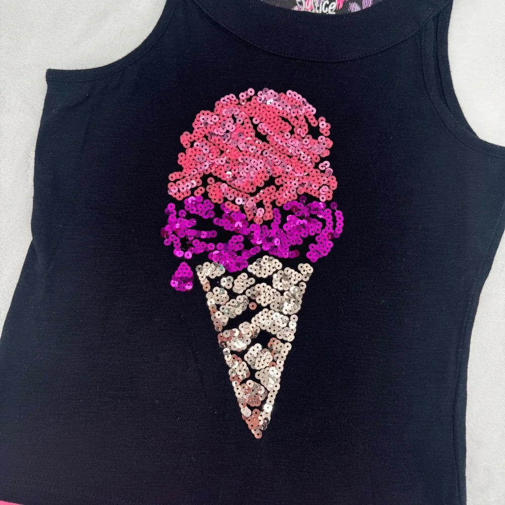 Justice Girls Black Sequin Ice Cream Cone Tulip Back Tank Top Kids Sz 7 Mcbling